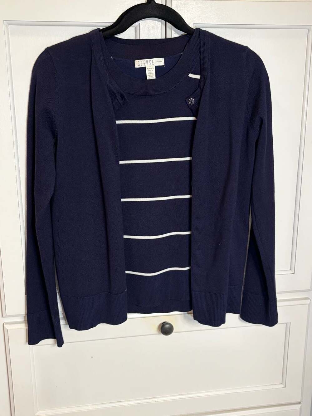 Spense Petite Navy Blue 2-Piece Cardigan and Striped Shell Sweater Set, Size PS